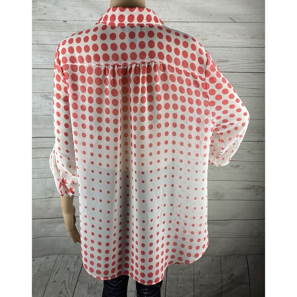 I.N. Studio Blouse XL Sheer White Pink Polka Dot Roll Tab Sleeves - Picture 9 of 12
